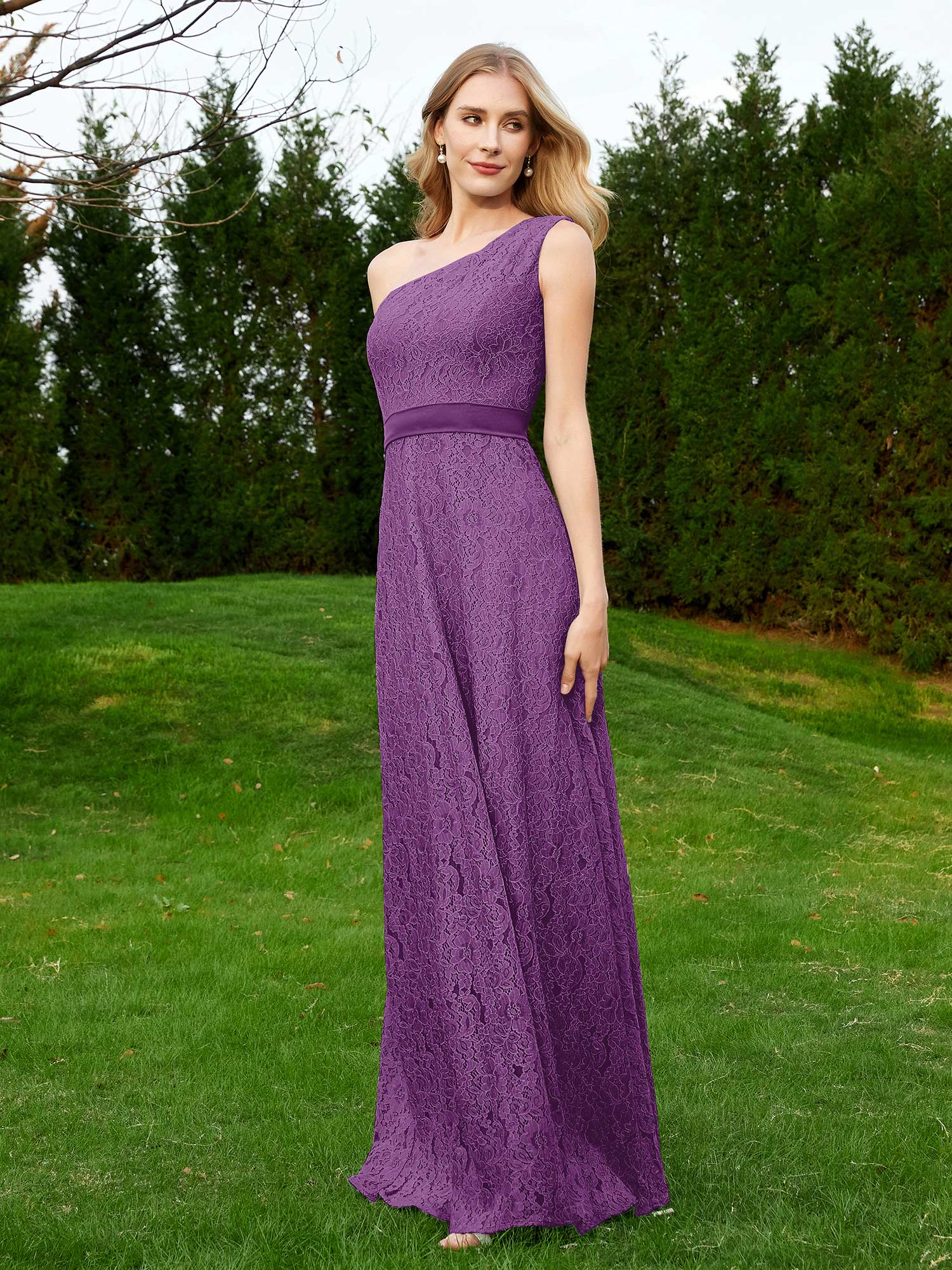 One Shoulder Sleeveless Lace Dress With Sash Grape